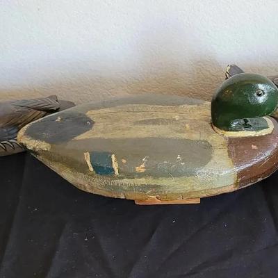 Vintage Handcarved Wooden Duck Decoy & (4) Decor Ducks