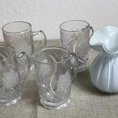 Mikasa Rose Pearl Pressed  Mugs (4) And Scalloped Ceramic Vase
