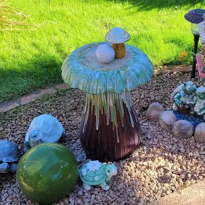 Mushroom Side Table, Birdhouse, Various Outdoor Decor Pieces