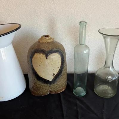 Antique Glass Assortment, Vintage Metal Picture, And Rustic Jug Heart Pottery)