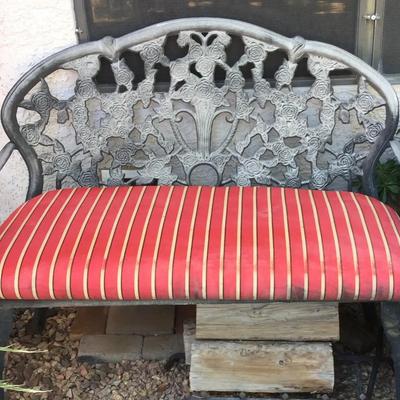 Rosette Metal Outdoor Bench with Striped Cushion