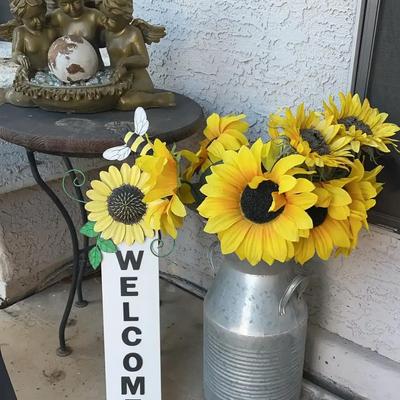 Outside Decor Lot One (Table With angels, Welcome Sign and Silver Can with Flowers)