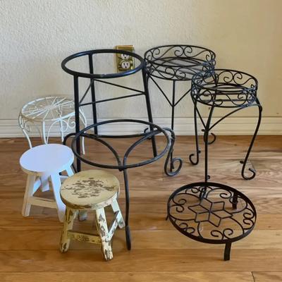 Metal Plant Stands and Wooden Stools