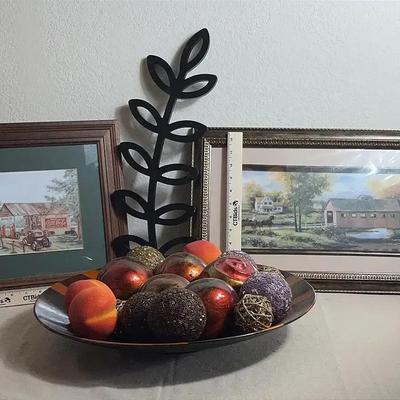 Two Framed Scenery Prints, Bowl Of Colorful Spheres And More