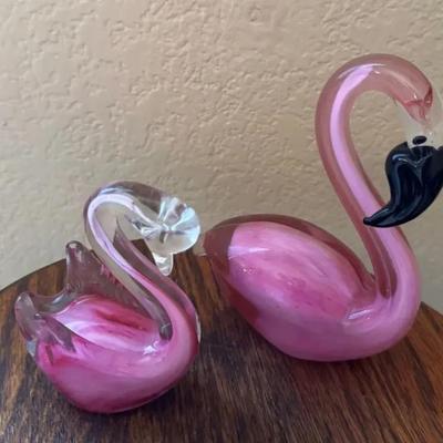 Pink Hand Blown Glass Swans (2)