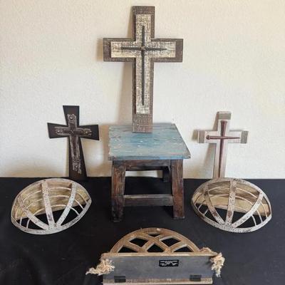 Rustic Shelf’s, Crosses And A Small Distressed Stool