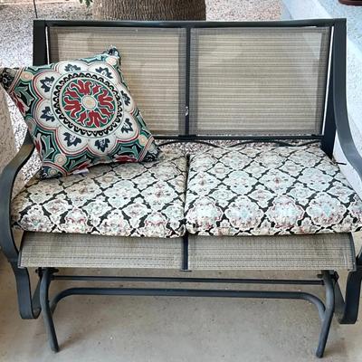 Two Person Hampton Bay Metal Outdoor Glider Bench With Decorative Cushions And A Pillow
