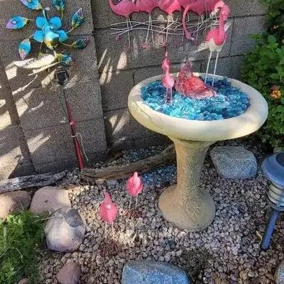 Bird Bath & Pink Flamingo/other Decor!