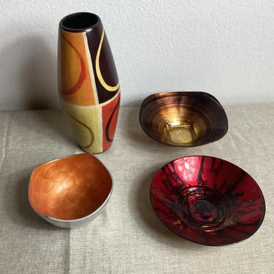 Vintage Tall  Cermanic  Vase And And Metal Bowls