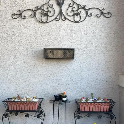 Two Metal Planters With Wrought Iron Decorative Wall Hanging Plus More