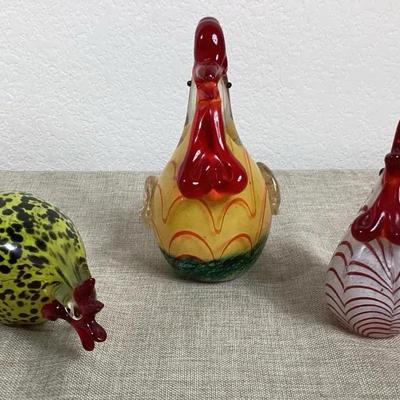 Colorful Handblown Glass Rooster Paper Weights  (3)