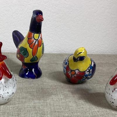 Colorful Ceramic  Birds Made In Mexico And Glass Roosters