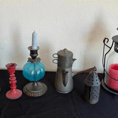 Antique Caffettiera Napoletana, An Oil Lamp, Candle Stick Holders, And More