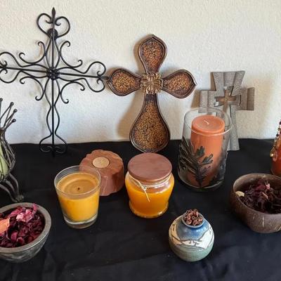Unique Crosses (3), Candles (6), And Potpourri Decor (3)