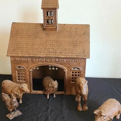 Vintage Cast Metal "Stock Farm" Barn W/ Cast Iron Animals