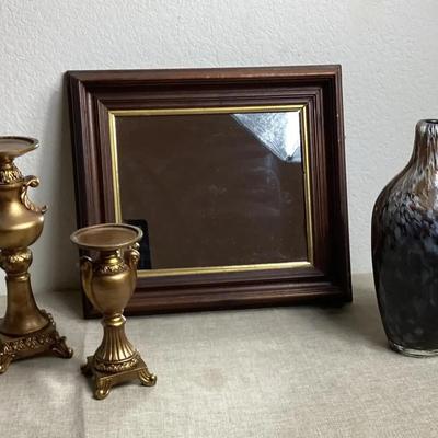 Vintage Brown And Gray Ceramic Vase, Small  Mirror, Gold Pillar Candle Holders (2)