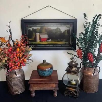 Copper Vases W Decor, Wooden Stand, Pottery Vase, Lantern And Glass Farm Pic 