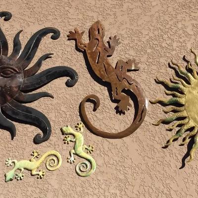 Three Metal Lizards And Two Metal Desert Suns Wall Hangings