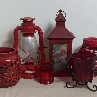 Red Metal And Ceramic Lanterns And Candle Holders