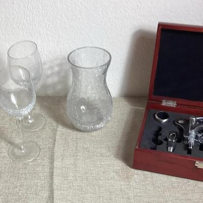 Crackle Glass Wine Glasses And Vase, Brookstone Wine Opener In Wooden Box