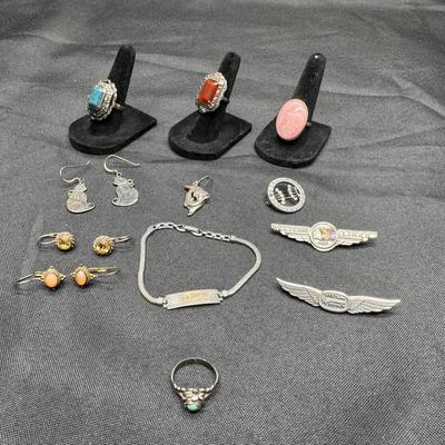 Sterling Silver Jewelry & Vintage Airline Wings | Turquoise & Carnelian Rings | 61g Total Weight