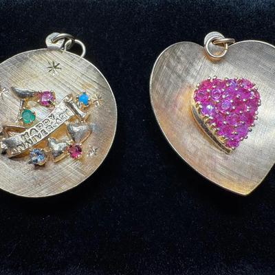 14K Gold Pendants (2) | “Happy Anniversary” & Heart Design with Rubies | 14.31g Total Weight 