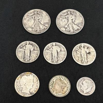 U.S. Silver Coins | 8 Coins | Walking Liberty, Standing Liberty, Barber, Mercury, and Roosevelt