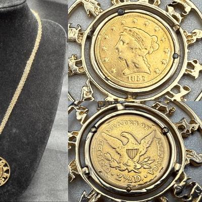 14K Yellow Gold Zodiac Pendant with 1857 $2.50 Liberty Head Coin | 14K Chain Included | 15.24g Total