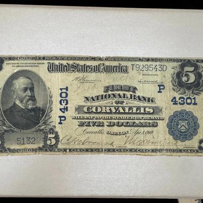 1910 $5 National Bank Note | First National Bank of Corvallis, Oregon | Blue Seal