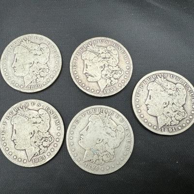 Morgan Silver Dollars | 1880-O, 1884-S, 1886-O, 1891, 1896-O | 5 Coins