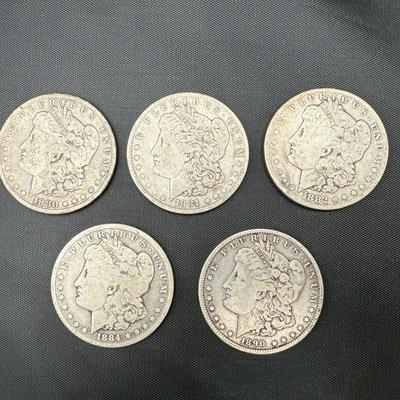 Morgan Silver Dollars | 1880, 1881-O, 1882, 1884, 1890 | 5 Coins
