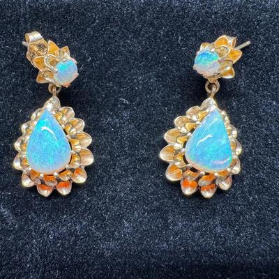 14K Gold Opal Drop Earrings | Pear & Round Cabochons | Vintage | Total Weight 5.58g