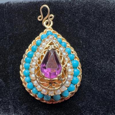 14K Gold Pendant | Amethyst, Turquoise & Pearl | Total Weight 14.99g | Professionally Evaluated