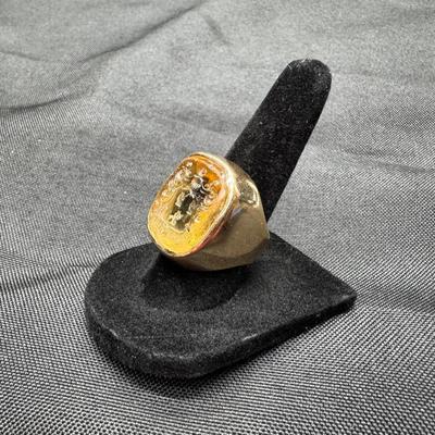 14K Gold Intaglio Signet Ring | Family Crest Seal Design | Size 7 | Total Weight 22.89g