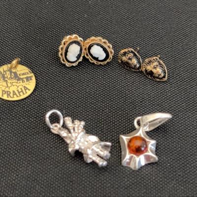 Jewelry Lot | Sterling Pendant with Amber Stone, Cameo Earrings, Lion Head Earrings, and Praha Charm