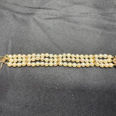 14K Gold Triple-Strand Pearl Bracelet | Sapphire & Pearl Floral Clasp | 34.70g Total Weight