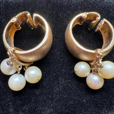 14K Gold Hoop Earrings with Pearl Dangles | Hinged Spring Clasps | Total Weight 17.50g