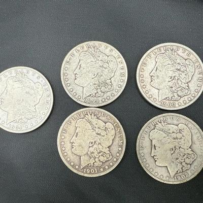 Morgan Silver Dollars | 1899-O, 1900-O, 1901-O, 1902, 1904-O | 5 Coins