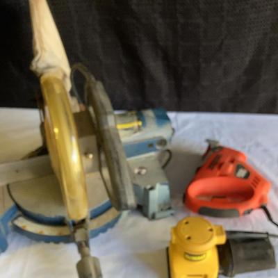 Ryobi Compound Miter Saw, DeWalt Orbital Palm Sander, and Black & Decker Navigator Power Handsaw