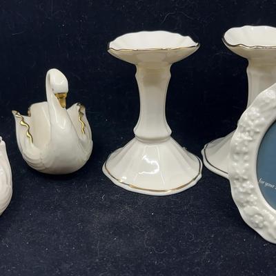 Lenox Porcelain Accent Lot Swans, Candlesticks, and Frame