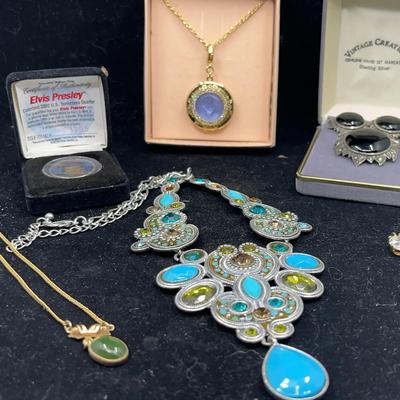 Jewelry and Collectible Lot Necklaces, Brooch & Elvis Presley Coin