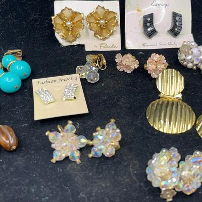 Lot of 11 Pairs of Vintage Clip-On Earrings Costume Jewelry