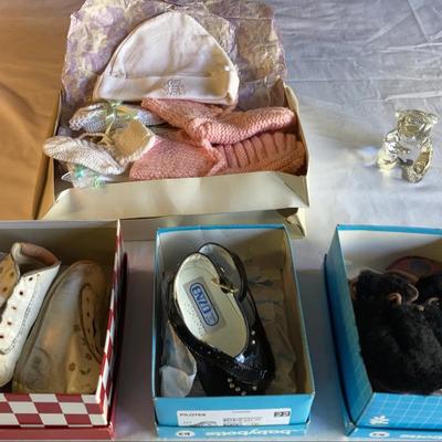 Assorted Baby Items Shoes, Knitwear, and Glass Figurine