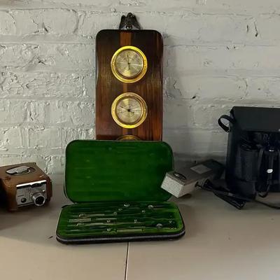 Vintage Kodak Brownie 8mm Camera, Drafting Set, Binoculars and Barometer
