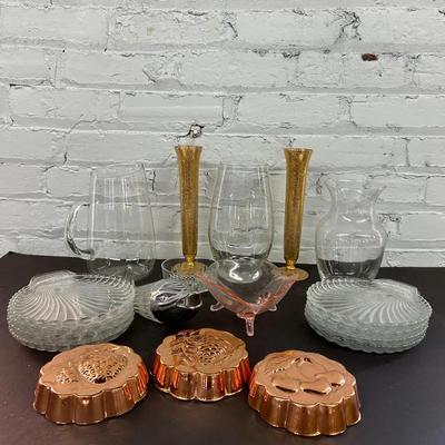 Vintage Depression Glass Dish, Gilt Glass Vases, Glass Shell Plates and More