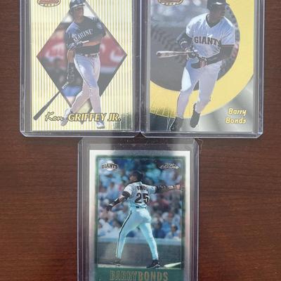 1999 Bowmans Best Ken Griffey Jr., 1998 Bowman's Best Barry Bonds, and 1997 Topps Bonds