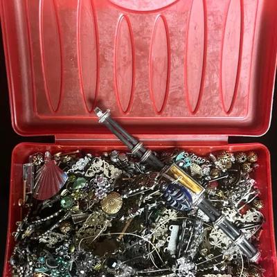 Box of Jewelry Findings with Tiger’s Eye, Various Stones