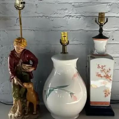 Three Table Lamps, Two Of Hand Painted Ceramic