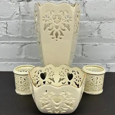 Lenox China Reticulated Vase and Bowl with Votive Holders
