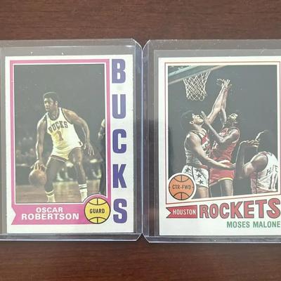 1974 Topps Basketball Oscar Robertson. Card Number 55. 1977 Moses Malone.